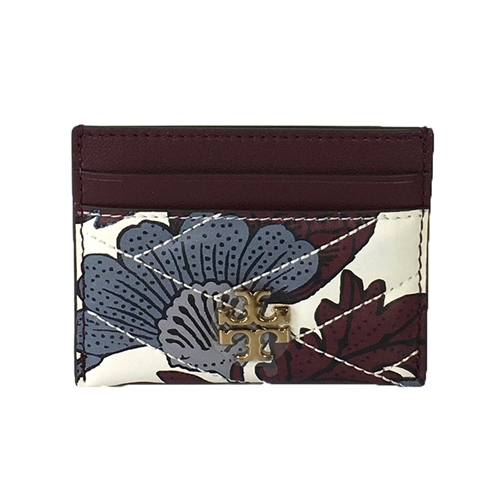 Tory Burch Kira Chevron floral leather ID card holder in Imperial Garnet Vine print with burgundy, cream, and blue gray flowers, card slots, stitching, and Double T hardware.