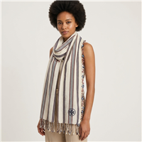 Tory Burch Cream Multi 27 x 72 inch striped blanket scarf with cream background, navy and burgundy vertical stripes, floral inspired side trim, twisted fringe, and Tory Burch logo detail.