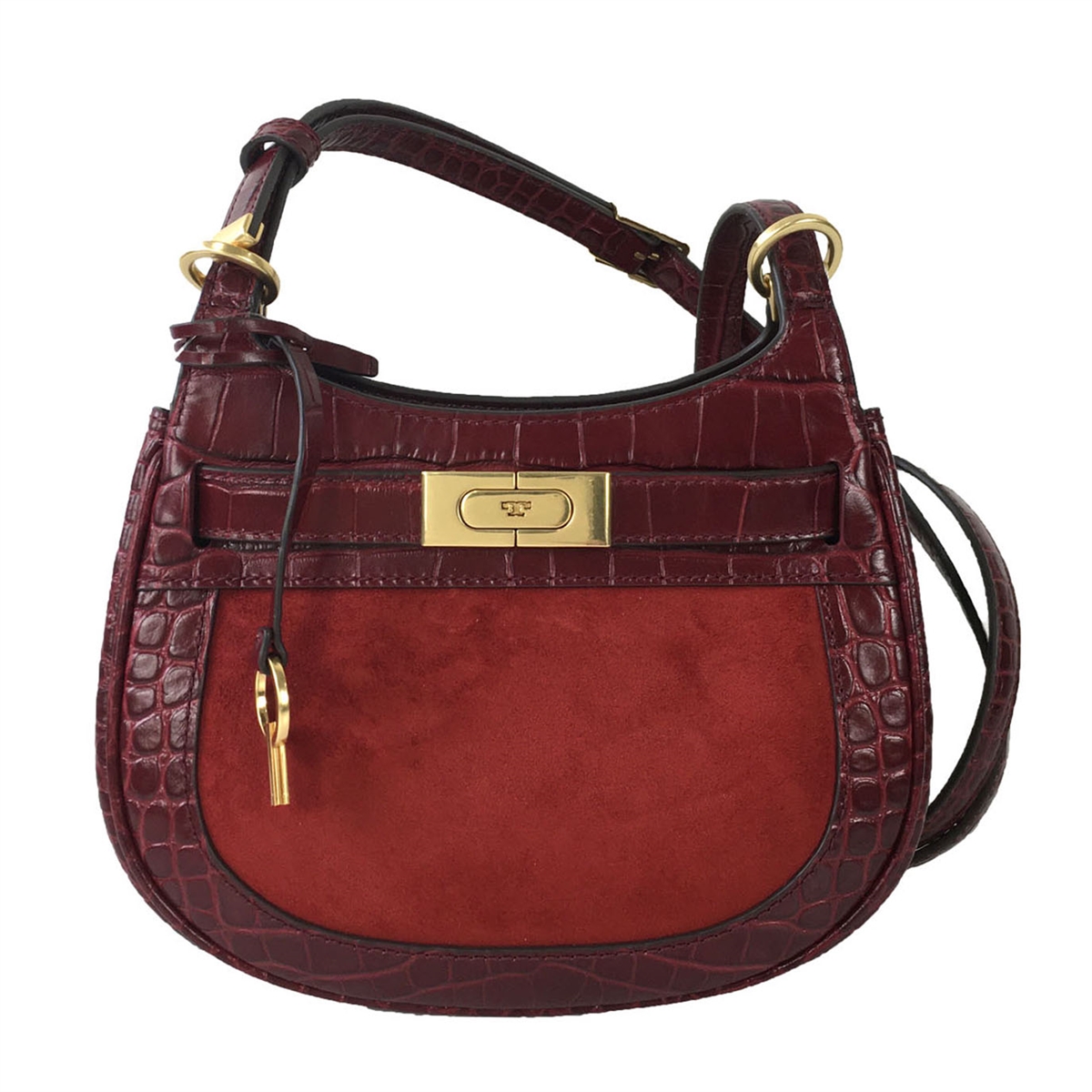 Tory Burch Lee Radziwill Small Croco Embossed Leather & Suede Saddle Bag, Roma Red