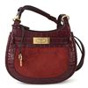 Tory Burch burgundy croc embossed Italian leather saddle crossbody bag with suede front panel, custom golden hardware, belted T lock closure, key hang tag, and adjustable strap.
