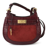 Tory Burch burgundy croc embossed Italian leather saddle crossbody bag with suede front panel, custom golden hardware, belted T lock closure, key hang tag, and adjustable strap.