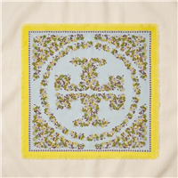 Tory Burch Wallpaper Floral 21 inch silk twill square scarf with light blue background, yellow border, and multicolor vintage inspired botanical print.