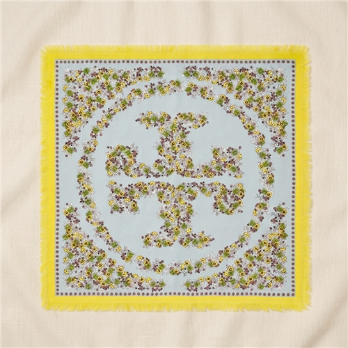 Tory Burch Wallpaper Floral 21 inch silk twill square scarf with light blue background, yellow border, and multicolor vintage inspired botanical print.