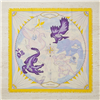 Tory Burch Destination Anywhere 72 inch wool square scarf with illustrated world map, swan, eagle, alligator, bear and tiger motifs in blue, purple and cream with bright yellow fringed edges.