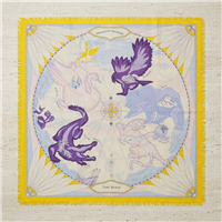 Tory Burch Destination Anywhere 72 inch wool square scarf with illustrated world map, swan, eagle, alligator, bear and tiger motifs in blue, purple and cream with bright yellow fringed edges.