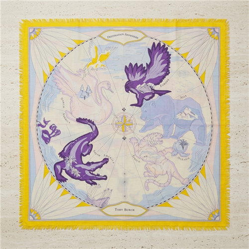 Tory Burch Destination Anywhere 72 inch wool square scarf with illustrated world map, swan, eagle, alligator, bear and tiger motifs in blue, purple and cream with bright yellow fringed edges.