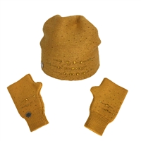 Alessia Massimo Crystal Embellished Angora Knit Beanie Hat & Gloves Set Butterscotch Yellow