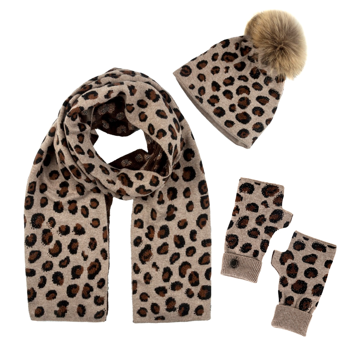 Alessia Massimo Women's Leopard Print Scarf, Fur Pom Pom Hat & Gloves Set, Maculato Brown