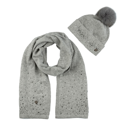 Alessia Massimo Crystal Embellished Angora Knit Scarf & Fur Pom Pom Hat Set