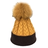 Alex Max Color Block Cable Knit Fur Pom Pom Beanie Hat, Butterscotch/Cafe