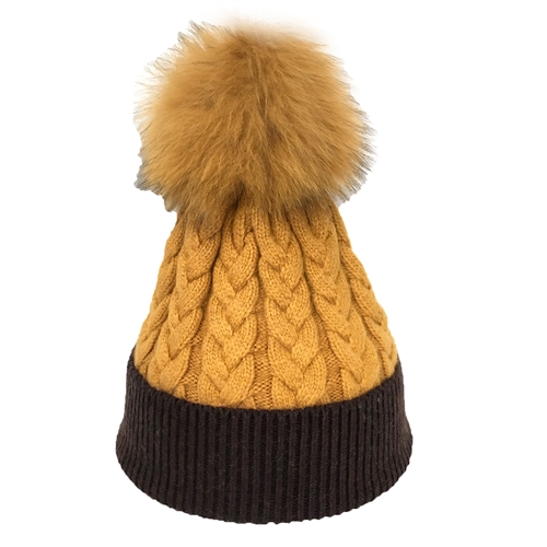 Alex Max Color Block Cable Knit Fur Pom Pom Beanie Hat, Butterscotch/Cafe