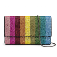 Alex Max fold over clutch featuring multicolor rainbow stripe beadwork, detachable gunmetal chain strap, magnetic snap closure, and black fabric lined interior.