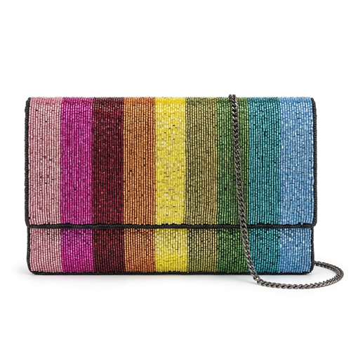 Alex Max fold over clutch featuring multicolor rainbow stripe beadwork, detachable gunmetal chain strap, magnetic snap closure, and black fabric lined interior.