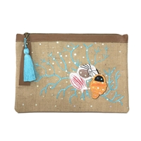 Alex Max Coral Seashells Embroidered Large Pouch Wristlet Clutch
