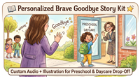Custom kids MP3 audio stories for school mornings, getting ready, and drop-off routines. Includes personalized illustrations, reminder tracks, and optional printed gift kit.
