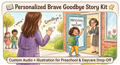 Custom kids MP3 audio stories for school mornings, getting ready, and drop-off routines. Includes personalized illustrations, reminder tracks, and optional printed gift kit.