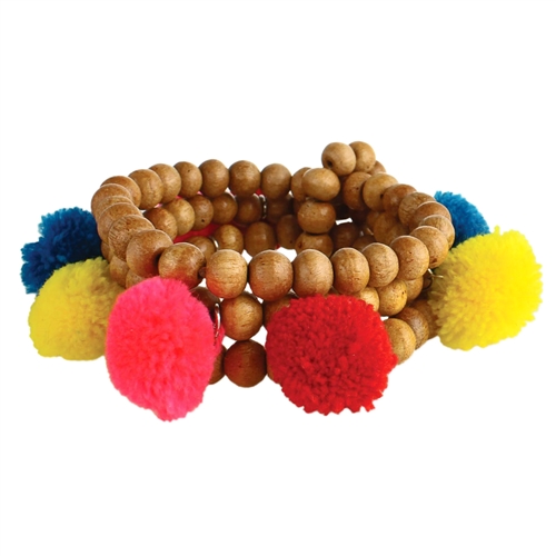 Aruba Pom Pom Wood Beaded Stretch Bracelet Set