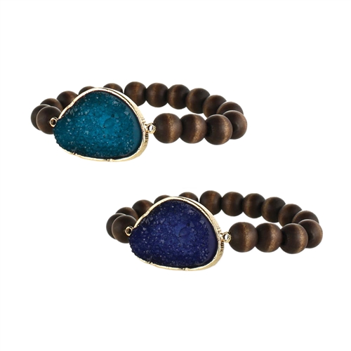 Druzy Stone Wood Beaded Stretch Bracelet Set