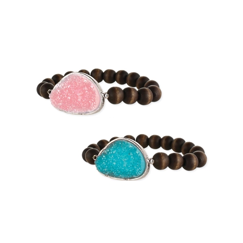 Druzy Stone Wood Beaded Stretch Bracelet Set