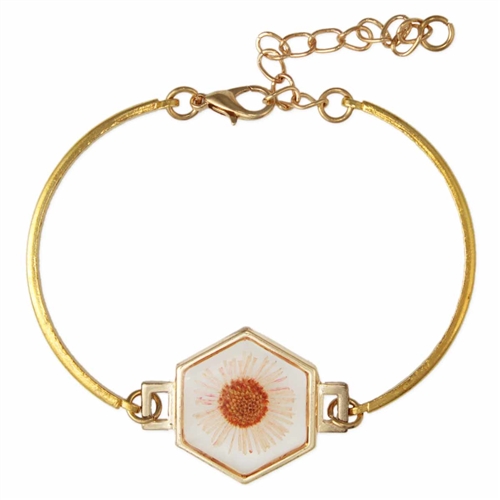 Zad Abbey Estate Bracelet: Golden Hexagonal Pressed Flower Jewelry, Pink Daisy Dried Floral Charm B5697