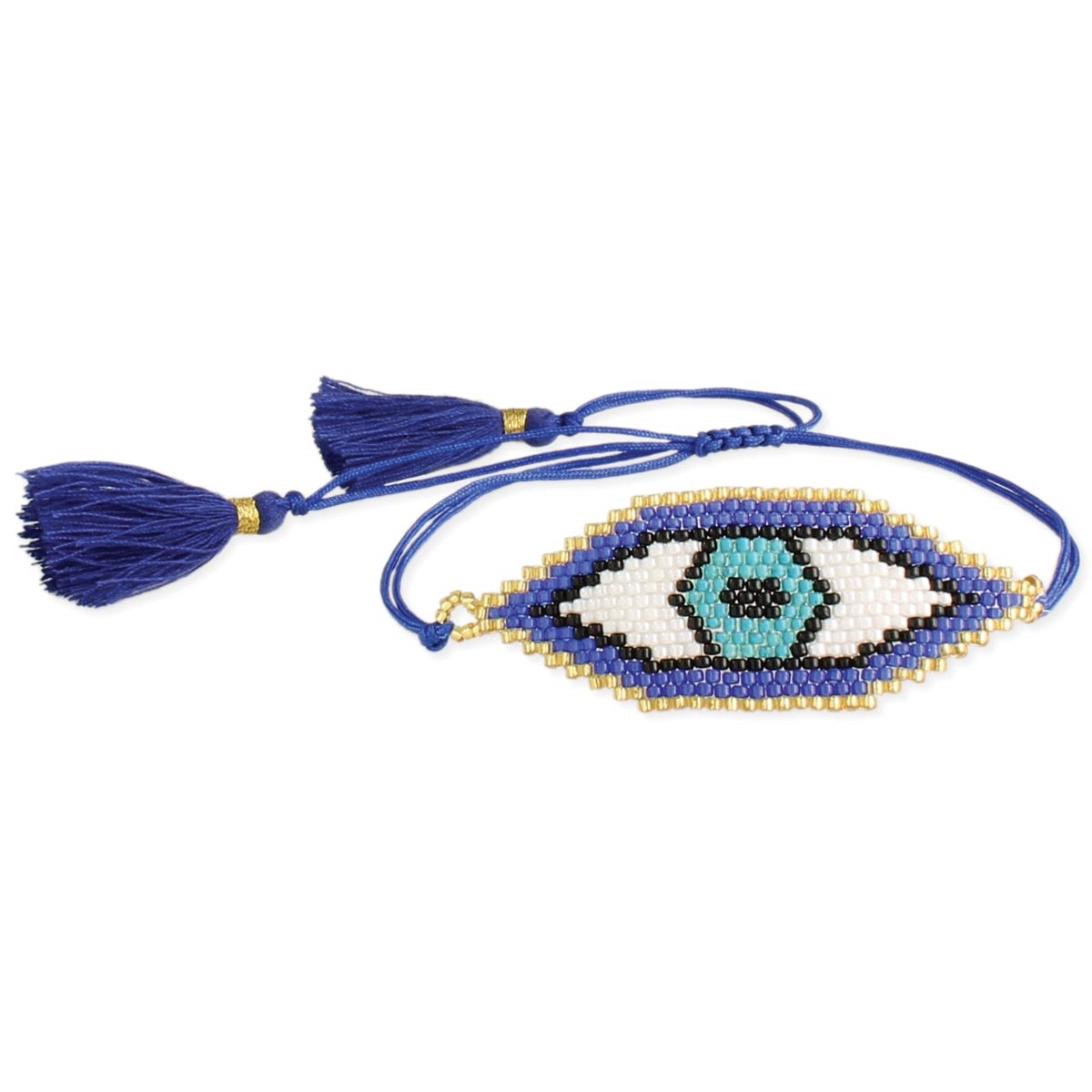 Seeing Evil Eye Beaded Slider Pull Tassel Bracelet, Blue Multi