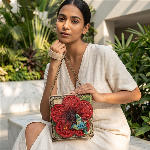 Mary Frances Beaded Hibiscus Flower and Hummingbird Box Crossbody