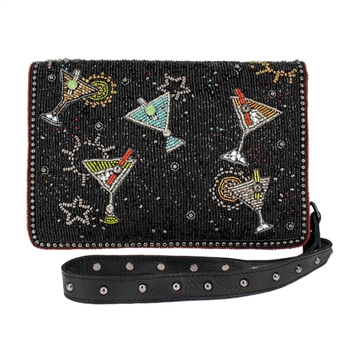 Mary Frances Hand-Beaded Martini Statement Purse, Festive Evening Bag with Studded Leather Crossbody Strap