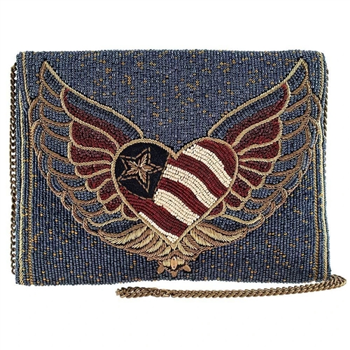 Mary Frances Liberty Patriotic Heart Beaded Clutch Crossbody Bag