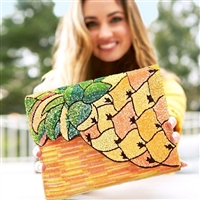 Mary Frances Pineapple Grove Beaded Clutch  Handcrafted Vacation Statement Purse with Removable Gold Chain Strap