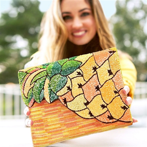 Mary Frances Pineapple Grove Beaded Clutch  Handcrafted Vacation Statement Purse with Removable Gold Chain Strap