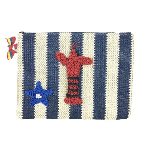 Blue Island Lil Lobster Striped Straw Clutch