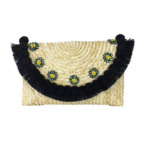 Blue Island Eliza Over-Sized Daisy Pom Pom Clutch