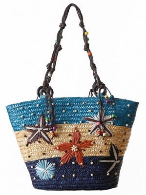Blue Island Shore Rattan Beach Tote