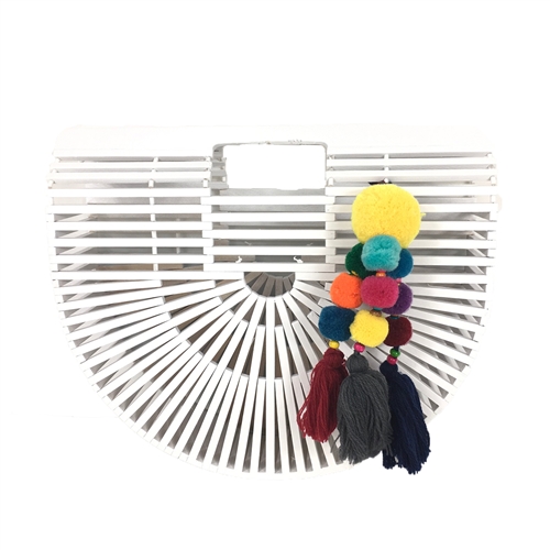 Blue Island Arc Bamboo Clutch w Pom Pom Tassels