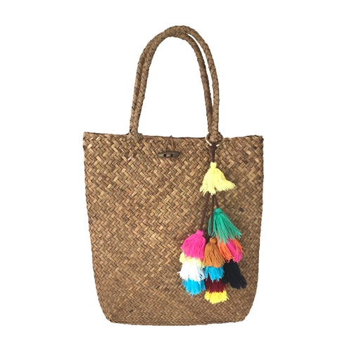 Blue Island Natural Straw Slim Tote w Colorful Tassels