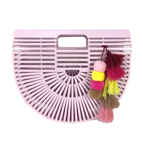 Pink Arc Bamboo Clutch w Pom Pom Tassels