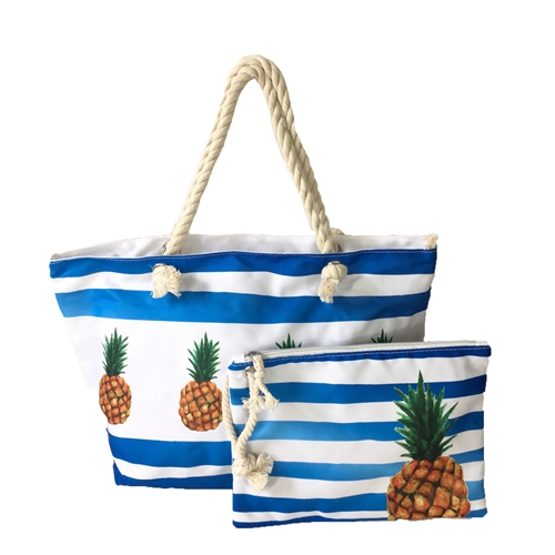 Pineapple Striped Beach Tote Wristlet Set