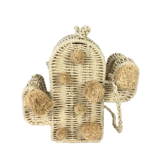 Blue Island Piku Woven Straw Cactus Pom Pom Bag