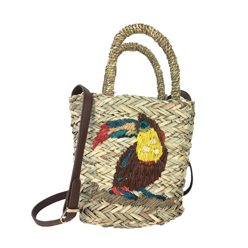 Blue Island Tiki Parrot Woven Straw Small Basket Bag