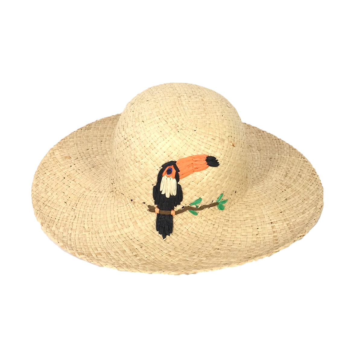 Blue Island Toucan Embroidered Raffia Straw Sun Hat, Natural