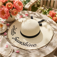 Blue Island beige paper straw wide brim sun hat with Hello Sunshine embroidered lettering, frayed edge brim, black grosgrain ribbon bow, and adjustable inner band for beach vacations, resort wear, and summer sun protection.