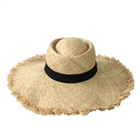 Blue Island Frayed Edge Wide Brim Straw Panama Hat