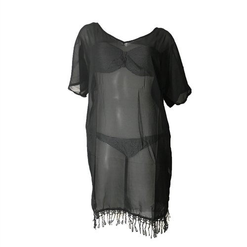 Lace Fringe Trim Beach Tunic Swim Cover Up Black