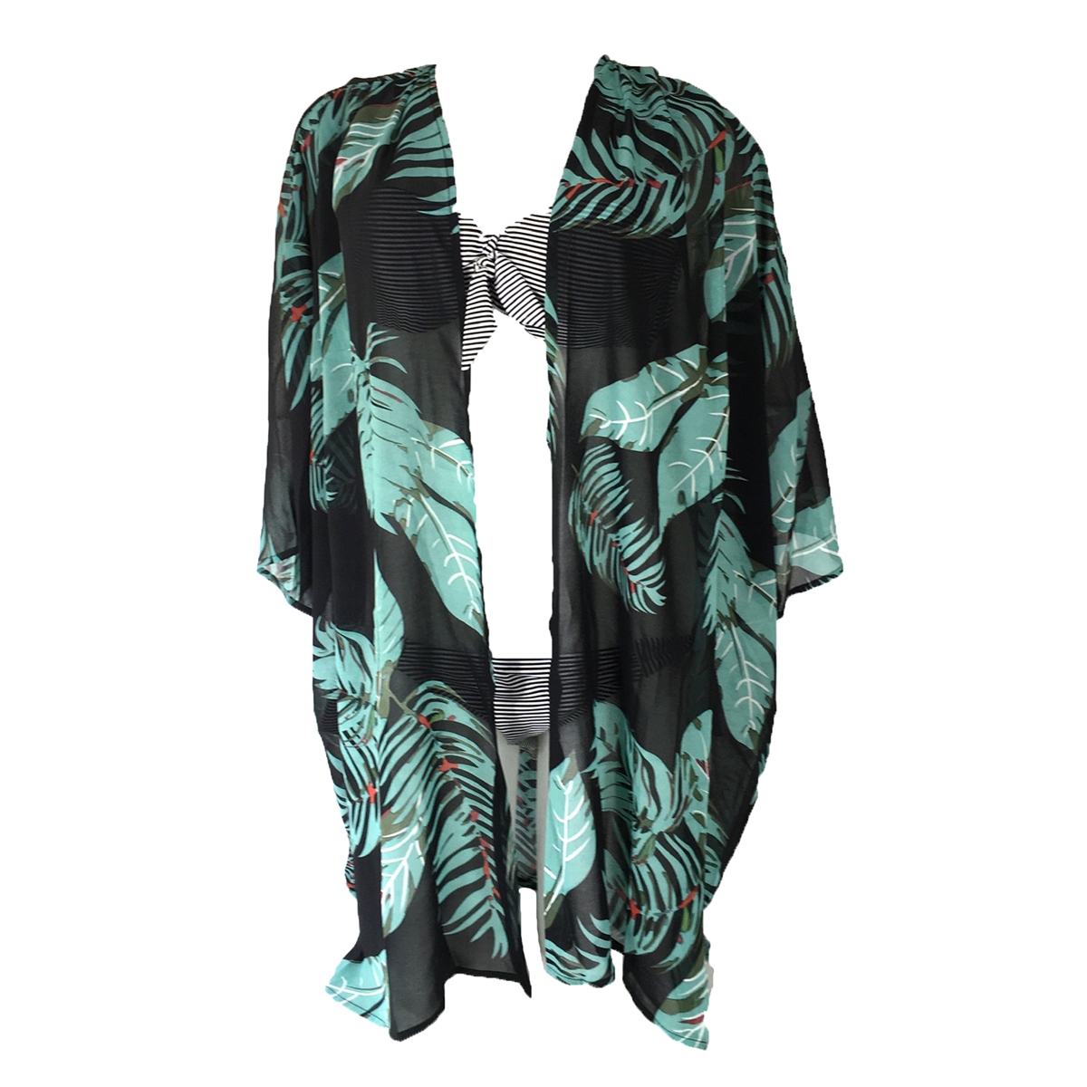 Blue Island Palm Print Kimono Swim Cover Up, Black Multi