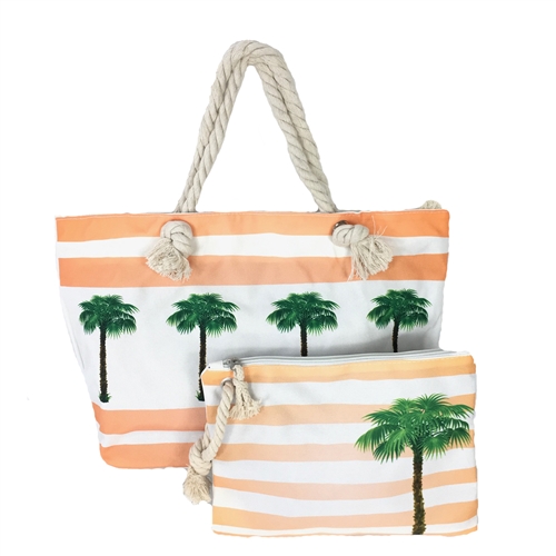 Palm Tree Striped Beach Tote Wristlet Set