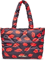 Betsey Johnson Black Lips Tote Bag, Large Quilted Nylon Shoulder Carryall, Bold Red Print Statement