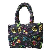 Betsey Johnson Large Tattoo Print Pillow Tote, Lightweight Quilted Nylon Shoulder Bag for Women
