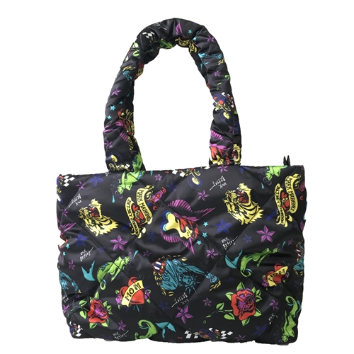 Betsey Johnson Large Tattoo Print Pillow Tote, Lightweight Quilted Nylon Shoulder Bag for Women