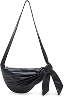 Betsey Johnson Pleats Thank You Black Sling Bag, Soft Vegan Leather Knotted Crossbody Purse For Women, Rose Print Interior Shoulder Handbag Gold Hardware Skull Lightning Bolt Charm 13 Inch