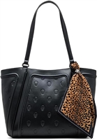 Betsey Johnson Skull Embossed Tote Large Faux Leather Shoulder Bag Edgy Statement Purse with Removable Leopard Scarf
